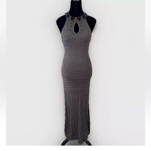 Bebe Crochet Maxi Dress XS Green Long Halter Mermaid Beads Elegant Resort Cruise